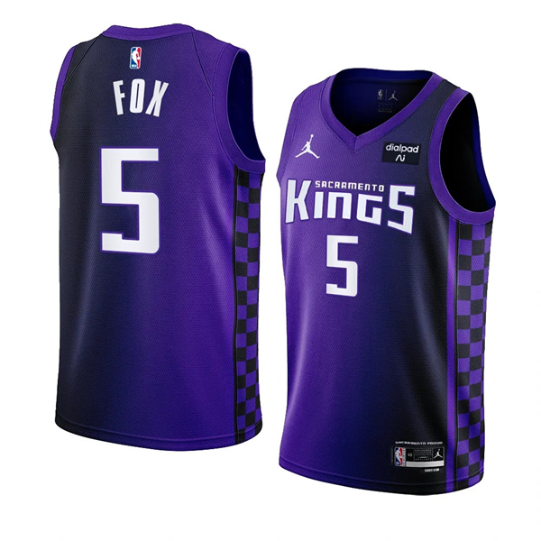 Men's Sacramento Kings #5 De’Aaron Fox Purple 2023/24 Statement Edition Swingman Stitched Basketball Jersey